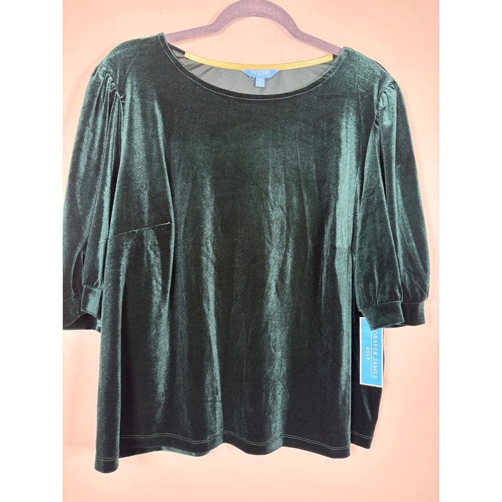 Draper James RSVP Womens Dark Green Velvet Elbow Sleeve Top Plus 1X NEW‎ Festive